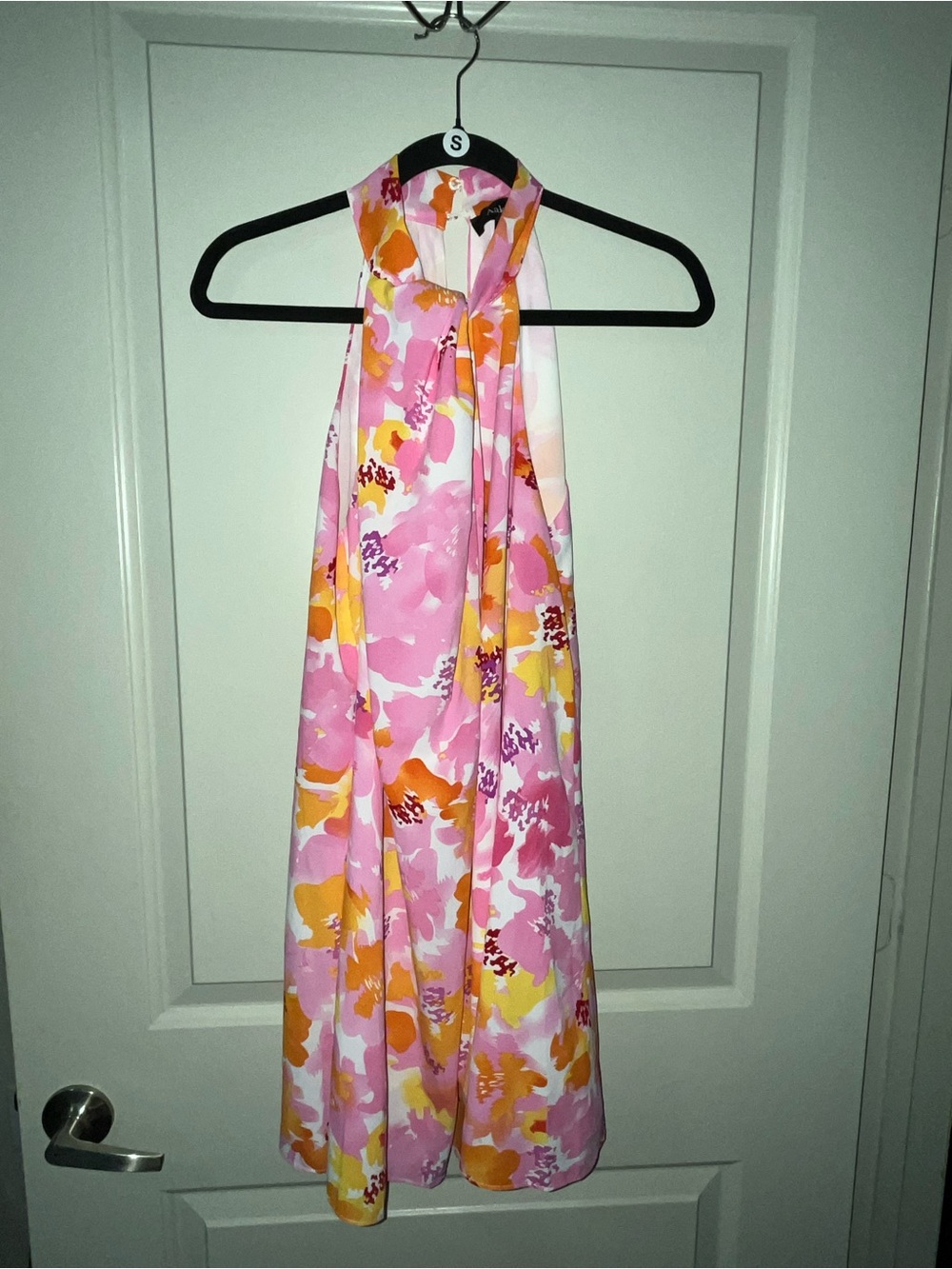 Aakaa pink, orange, and white abstract floral mini dress